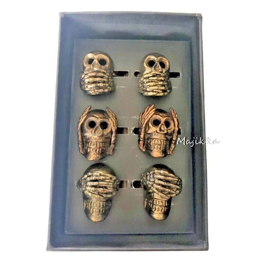 Rachel Zoe Skull Napkin Rings See Hear Speak No Evil Dark Gold Metal Set of 6